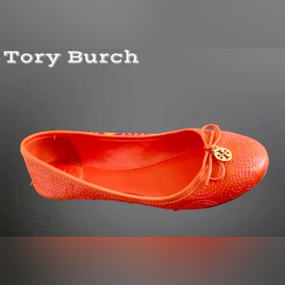 Tory Burch Chelsea Women's Stitched Logo Ballet Flat All Leather Orange/Pink US8